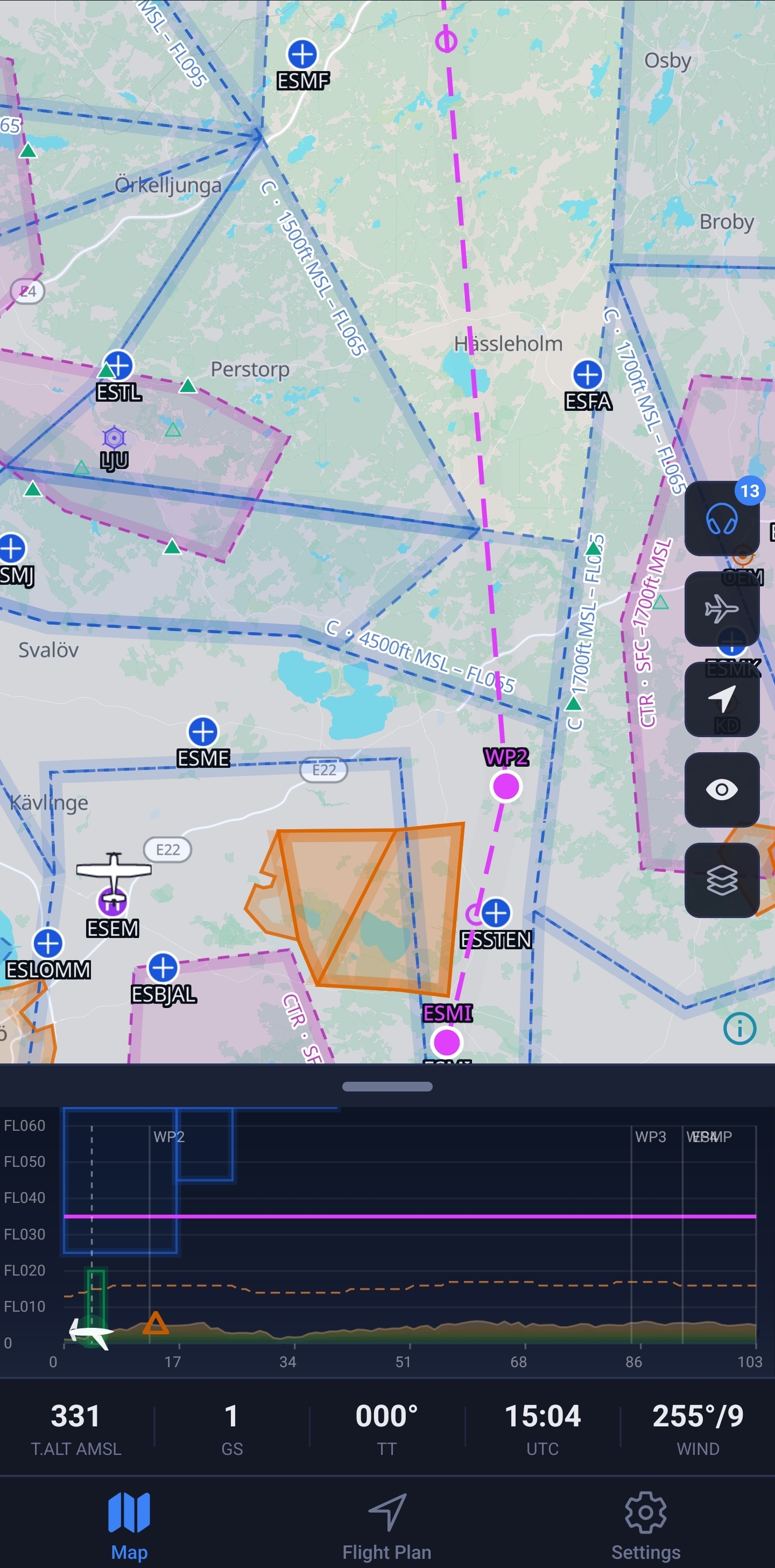 OpenVFR app showing a planned route with vertical radar
